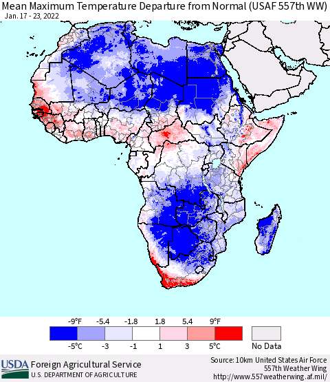 Africa Mean Maximum Temperature Departure from Normal (USAF 557th WW) Thematic Map For 1/17/2022 - 1/23/2022