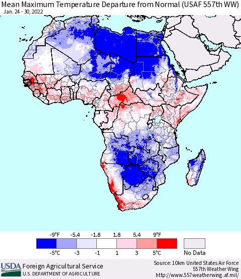 Africa Maximum Temperature Departure From Normal (USAF 557th WW) Thematic Map For 1/24/2022 - 1/30/2022