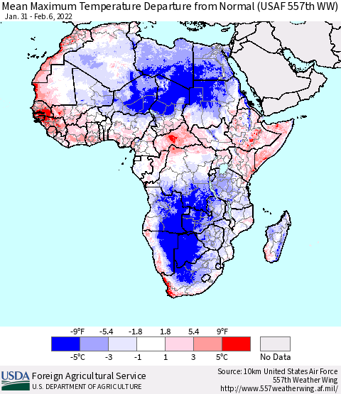 Africa Mean Maximum Temperature Departure from Normal (USAF 557th WW) Thematic Map For 1/31/2022 - 2/6/2022