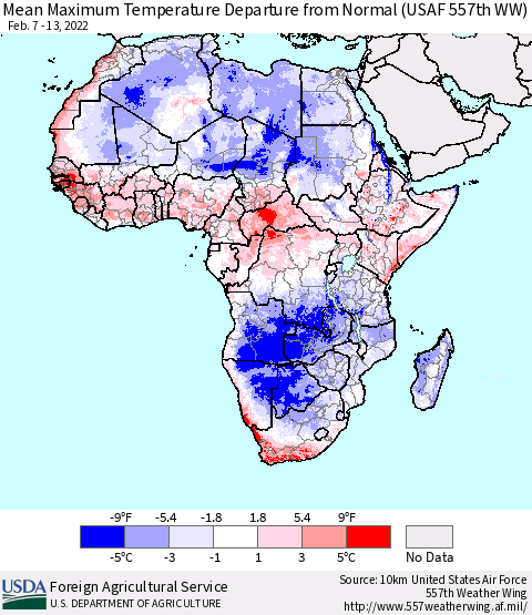 Africa Mean Maximum Temperature Departure from Normal (USAF 557th WW) Thematic Map For 2/7/2022 - 2/13/2022