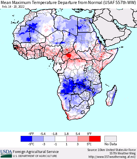 Africa Maximum Temperature Departure From Normal (USAF 557th WW) Thematic Map For 2/14/2022 - 2/20/2022