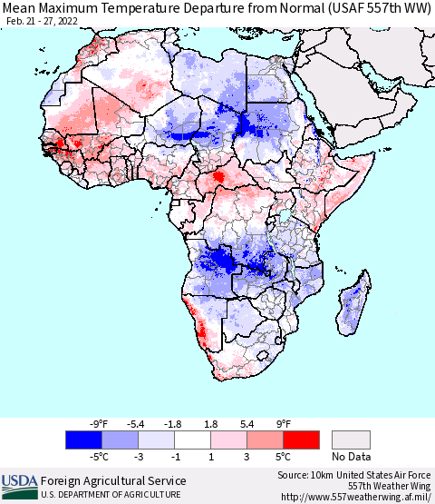 Africa Maximum Temperature Departure From Normal (USAF 557th WW) Thematic Map For 2/21/2022 - 2/27/2022
