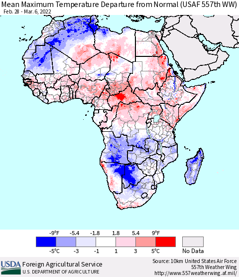 Africa Maximum Temperature Departure From Normal (USAF 557th WW) Thematic Map For 2/28/2022 - 3/6/2022
