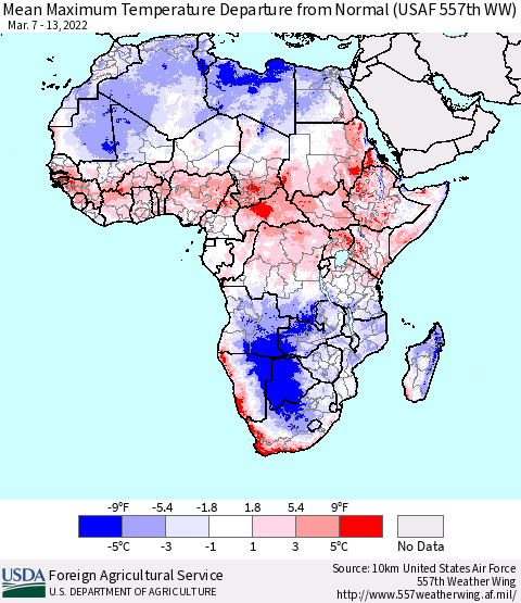Africa Maximum Temperature Departure From Normal (USAF 557th WW) Thematic Map For 3/7/2022 - 3/13/2022