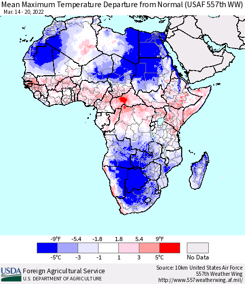 Africa Mean Maximum Temperature Departure from Normal (USAF 557th WW) Thematic Map For 3/14/2022 - 3/20/2022