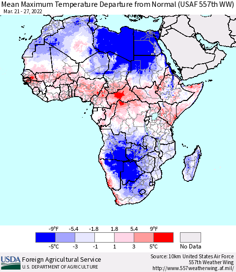 Africa Mean Maximum Temperature Departure from Normal (USAF 557th WW) Thematic Map For 3/21/2022 - 3/27/2022