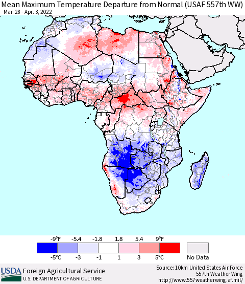 Africa Mean Maximum Temperature Departure from Normal (USAF 557th WW) Thematic Map For 3/28/2022 - 4/3/2022