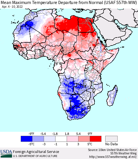 Africa Mean Maximum Temperature Departure from Normal (USAF 557th WW) Thematic Map For 4/4/2022 - 4/10/2022