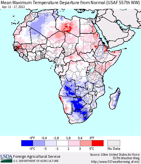 Africa Mean Maximum Temperature Departure from Normal (USAF 557th WW) Thematic Map For 4/11/2022 - 4/17/2022