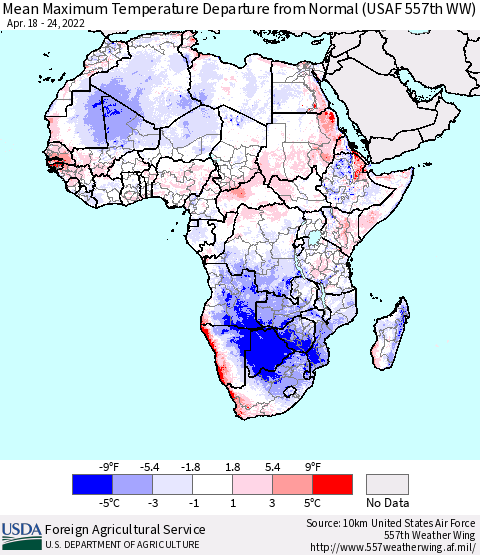 Africa Mean Maximum Temperature Departure from Normal (USAF 557th WW) Thematic Map For 4/18/2022 - 4/24/2022