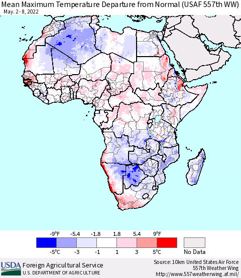 Africa Mean Maximum Temperature Departure from Normal (USAF 557th WW) Thematic Map For 5/2/2022 - 5/8/2022