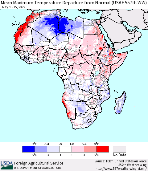 Africa Mean Maximum Temperature Departure from Normal (USAF 557th WW) Thematic Map For 5/9/2022 - 5/15/2022