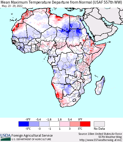 Africa Mean Maximum Temperature Departure from Normal (USAF 557th WW) Thematic Map For 5/23/2022 - 5/29/2022