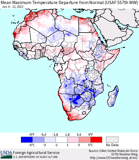 Africa Mean Maximum Temperature Departure from Normal (USAF 557th WW) Thematic Map For 6/6/2022 - 6/12/2022