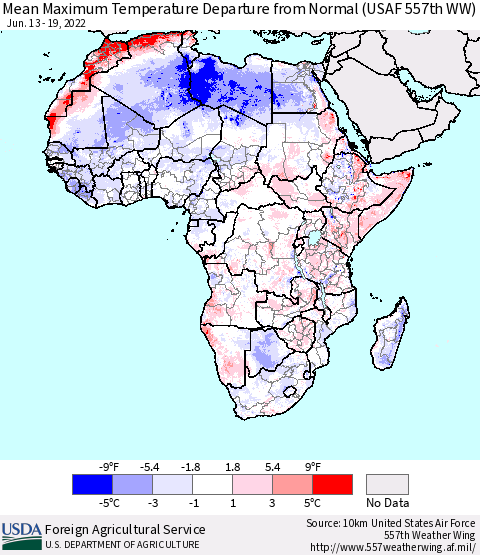 Africa Mean Maximum Temperature Departure from Normal (USAF 557th WW) Thematic Map For 6/13/2022 - 6/19/2022
