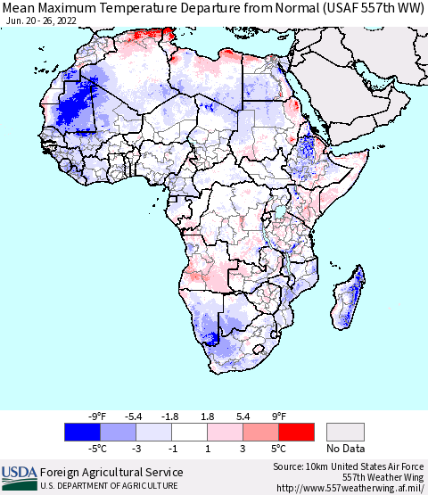 Africa Mean Maximum Temperature Departure from Normal (USAF 557th WW) Thematic Map For 6/20/2022 - 6/26/2022
