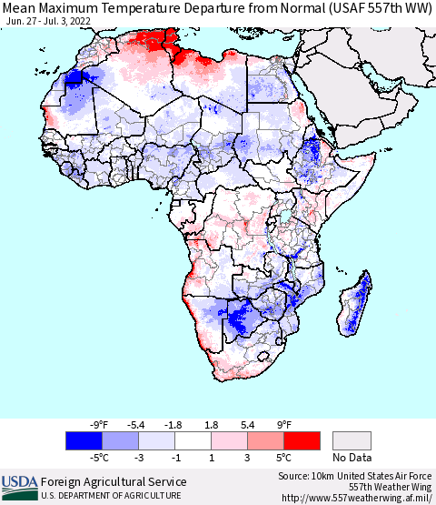 Africa Mean Maximum Temperature Departure from Normal (USAF 557th WW) Thematic Map For 6/27/2022 - 7/3/2022