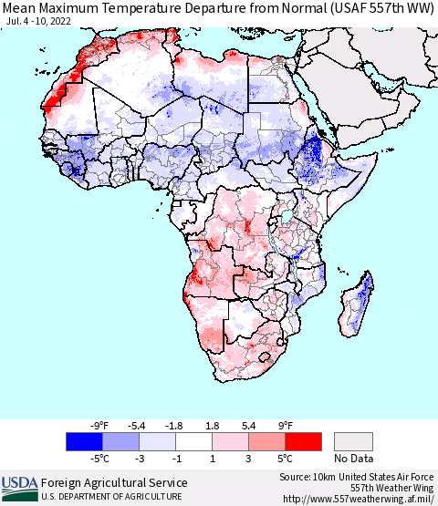 Africa Mean Maximum Temperature Departure from Normal (USAF 557th WW) Thematic Map For 7/4/2022 - 7/10/2022