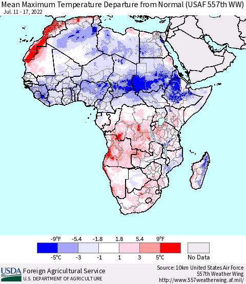 Africa Mean Maximum Temperature Departure from Normal (USAF 557th WW) Thematic Map For 7/11/2022 - 7/17/2022