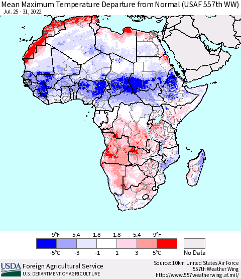 Africa Mean Maximum Temperature Departure from Normal (USAF 557th WW) Thematic Map For 7/25/2022 - 7/31/2022