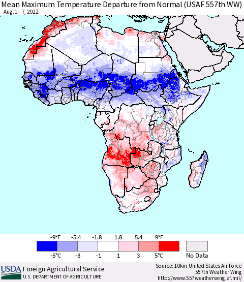 Africa Mean Maximum Temperature Departure from Normal (USAF 557th WW) Thematic Map For 8/1/2022 - 8/7/2022