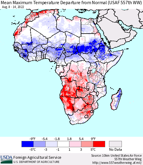 Africa Mean Maximum Temperature Departure from Normal (USAF 557th WW) Thematic Map For 8/8/2022 - 8/14/2022