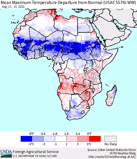 Africa Mean Maximum Temperature Departure from Normal (USAF 557th WW) Thematic Map For 8/15/2022 - 8/21/2022