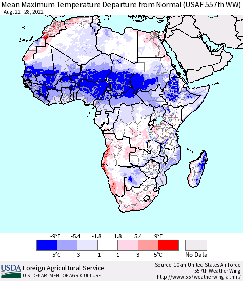 Africa Mean Maximum Temperature Departure from Normal (USAF 557th WW) Thematic Map For 8/22/2022 - 8/28/2022