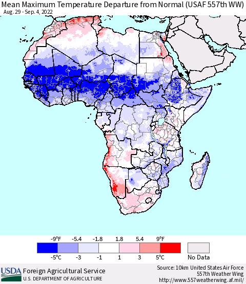 Africa Mean Maximum Temperature Departure from Normal (USAF 557th WW) Thematic Map For 8/29/2022 - 9/4/2022