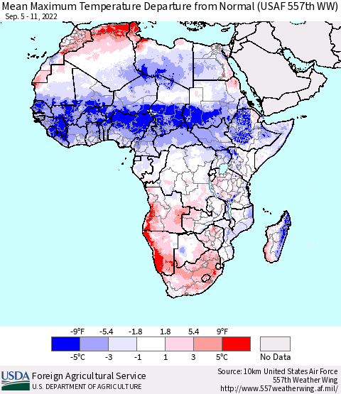 Africa Mean Maximum Temperature Departure from Normal (USAF 557th WW) Thematic Map For 9/5/2022 - 9/11/2022