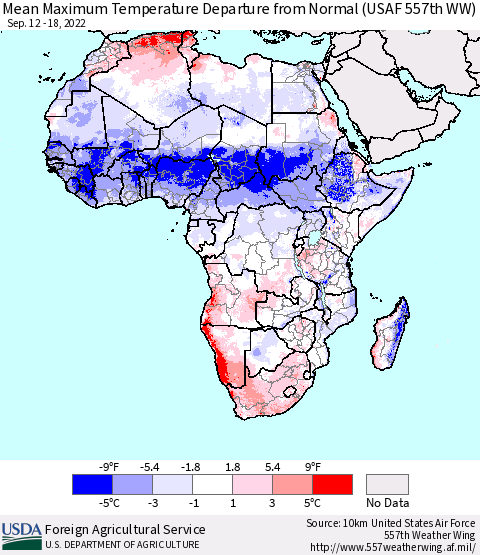 Africa Mean Maximum Temperature Departure from Normal (USAF 557th WW) Thematic Map For 9/12/2022 - 9/18/2022