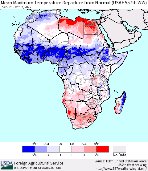 Africa Mean Maximum Temperature Departure from Normal (USAF 557th WW) Thematic Map For 9/26/2022 - 10/2/2022