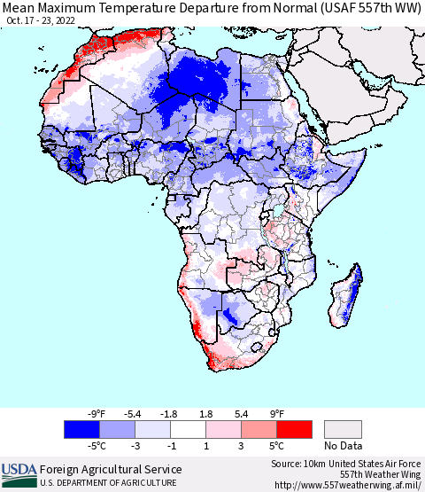 Africa Mean Maximum Temperature Departure from Normal (USAF 557th WW) Thematic Map For 10/17/2022 - 10/23/2022