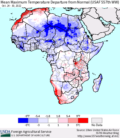 Africa Mean Maximum Temperature Departure from Normal (USAF 557th WW) Thematic Map For 10/24/2022 - 10/30/2022