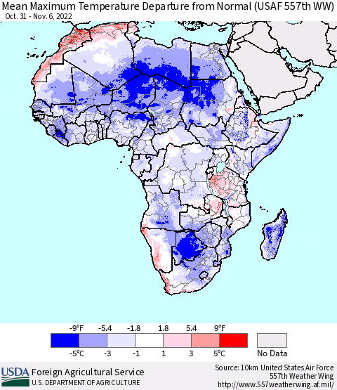 Africa Mean Maximum Temperature Departure from Normal (USAF 557th WW) Thematic Map For 10/31/2022 - 11/6/2022