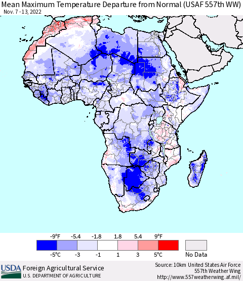 Africa Mean Maximum Temperature Departure from Normal (USAF 557th WW) Thematic Map For 11/7/2022 - 11/13/2022