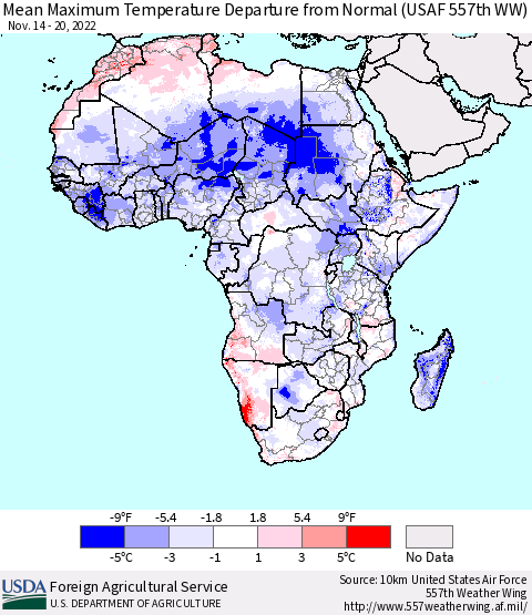 Africa Mean Maximum Temperature Departure from Normal (USAF 557th WW) Thematic Map For 11/14/2022 - 11/20/2022