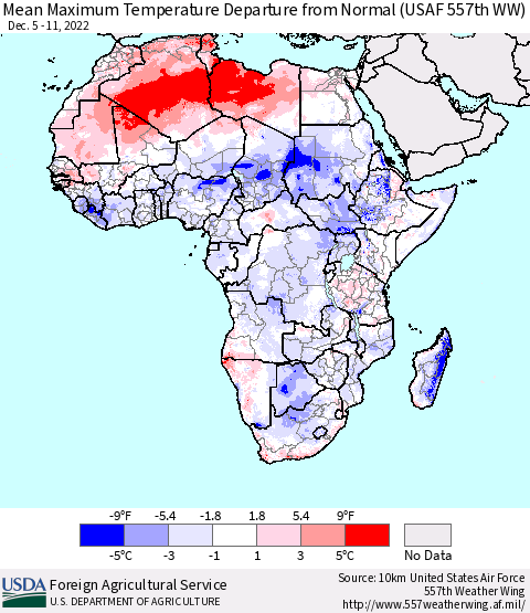 Africa Mean Maximum Temperature Departure from Normal (USAF 557th WW) Thematic Map For 12/5/2022 - 12/11/2022