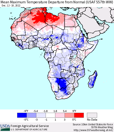 Africa Mean Maximum Temperature Departure from Normal (USAF 557th WW) Thematic Map For 12/12/2022 - 12/18/2022
