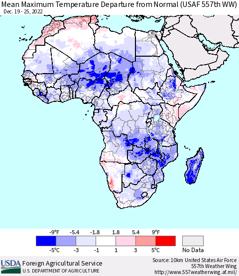 Africa Mean Maximum Temperature Departure from Normal (USAF 557th WW) Thematic Map For 12/19/2022 - 12/25/2022