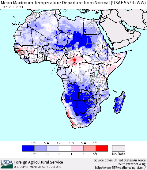 Africa Mean Maximum Temperature Departure from Normal (USAF 557th WW) Thematic Map For 1/2/2023 - 1/8/2023