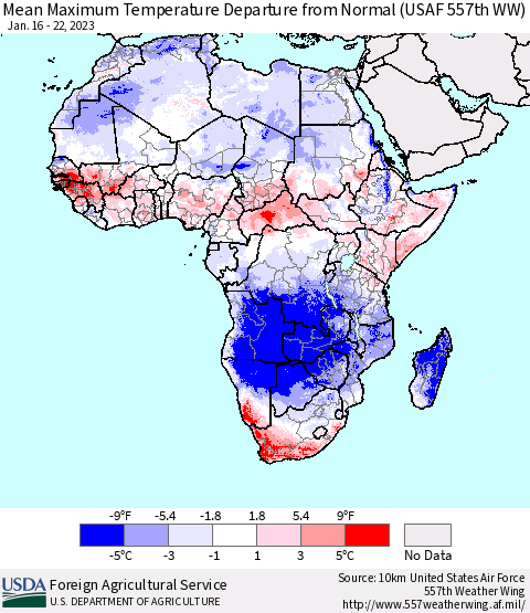 Africa Mean Maximum Temperature Departure from Normal (USAF 557th WW) Thematic Map For 1/16/2023 - 1/22/2023
