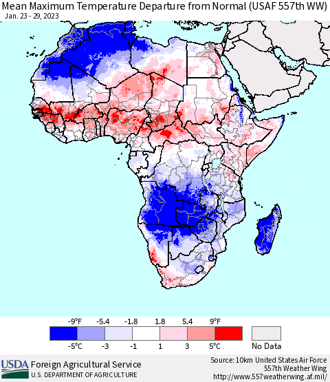 Africa Mean Maximum Temperature Departure from Normal (USAF 557th WW) Thematic Map For 1/23/2023 - 1/29/2023