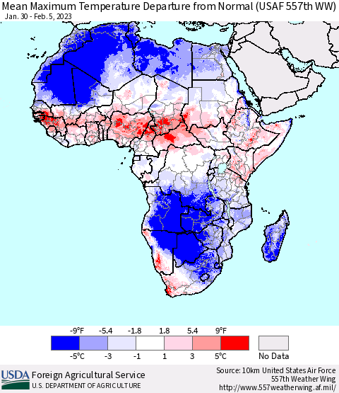 Africa Mean Maximum Temperature Departure from Normal (USAF 557th WW) Thematic Map For 1/30/2023 - 2/5/2023