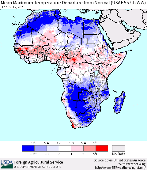 Africa Mean Maximum Temperature Departure from Normal (USAF 557th WW) Thematic Map For 2/6/2023 - 2/12/2023