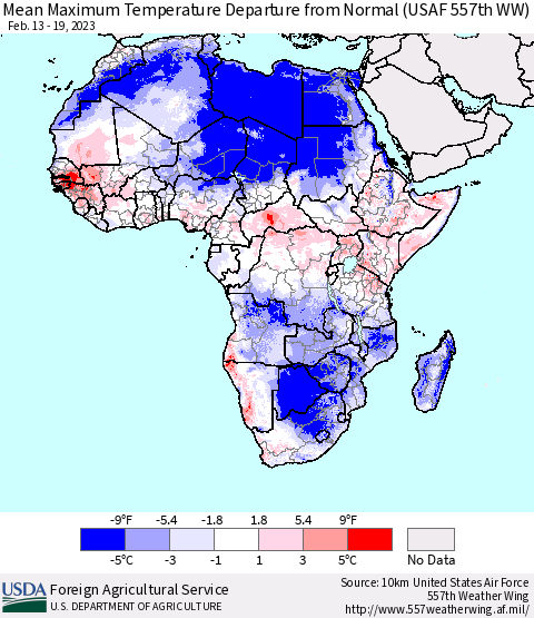 Africa Mean Maximum Temperature Departure from Normal (USAF 557th WW) Thematic Map For 2/13/2023 - 2/19/2023