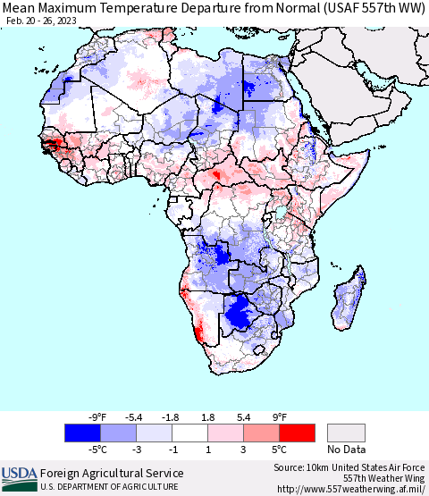 Africa Mean Maximum Temperature Departure from Normal (USAF 557th WW) Thematic Map For 2/20/2023 - 2/26/2023
