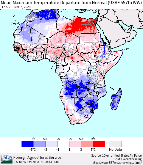 Africa Mean Maximum Temperature Departure from Normal (USAF 557th WW) Thematic Map For 2/27/2023 - 3/5/2023