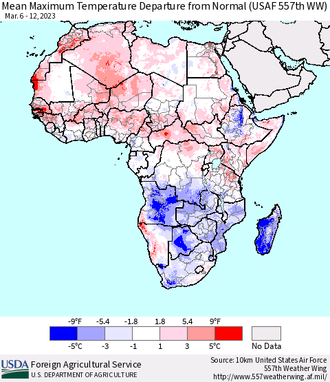 Africa Mean Maximum Temperature Departure from Normal (USAF 557th WW) Thematic Map For 3/6/2023 - 3/12/2023