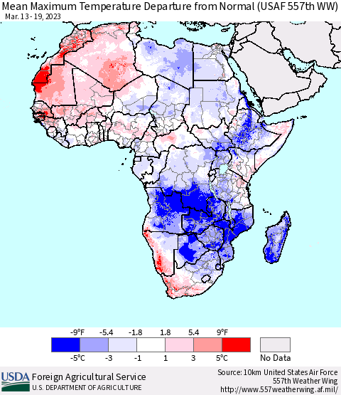 Africa Mean Maximum Temperature Departure from Normal (USAF 557th WW) Thematic Map For 3/13/2023 - 3/19/2023